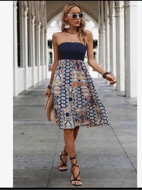 Strapless Navy Floral Patchwork boho Sundress